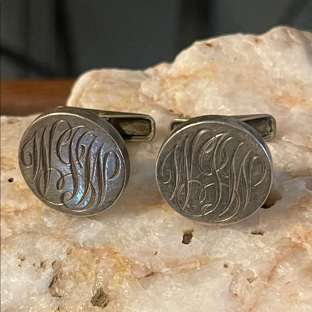 Allan Adler Sterling Silver Engraved Round Silver Monogram Cufflinks for Men